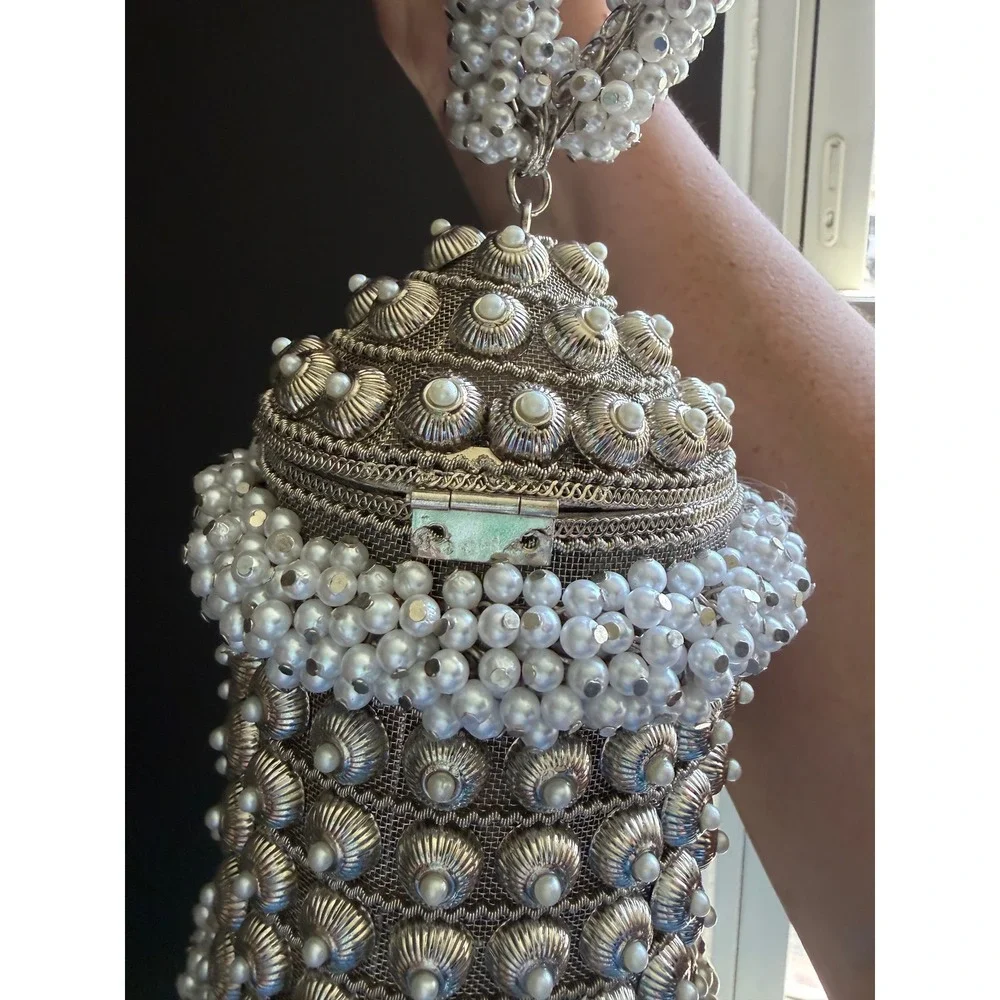 Ramla Cocktail Pearl Signature Bag OS Silver White Beaded Lantern Evening Bag